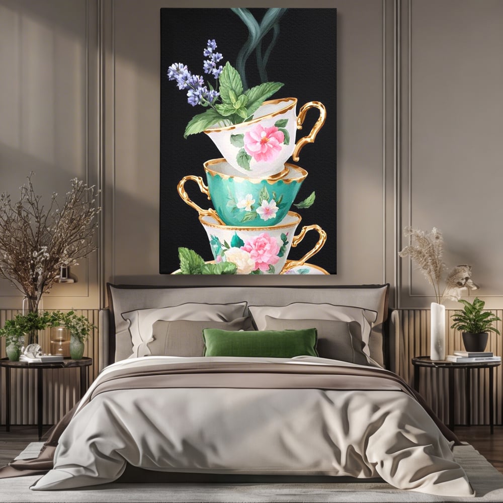 Tablou canvas cu stiva de cesti pictate cu flori, fara rama, pe sasiu de lemn, pe perete intr-un dormitor